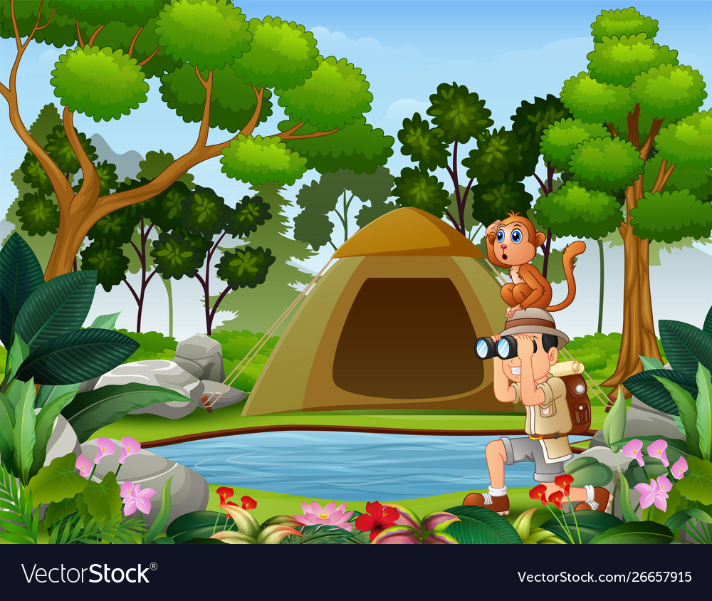 Boy using binoculars with a monkey near small Vector Image