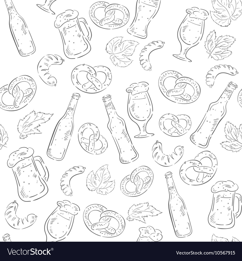 Hand-Drawn Biermuster - Flaschen und Brezeln