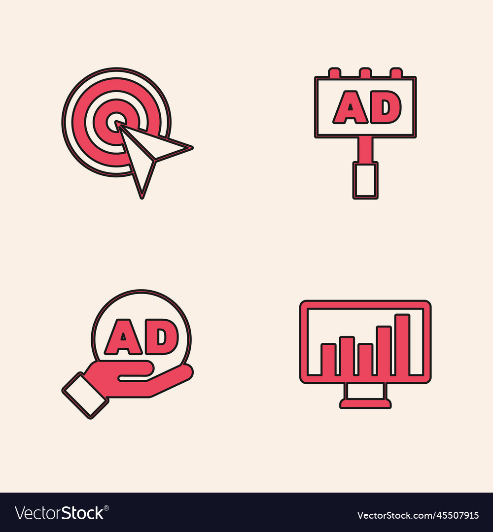 Set monitor with graph chart target advertising vector image Set monitor with graph chart target advertising