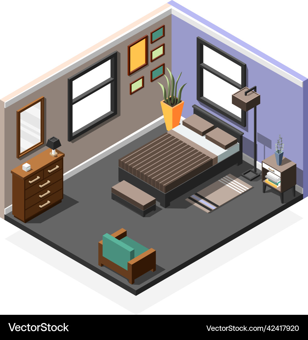 Bedroom isometric interior composition Royalty Free Vector