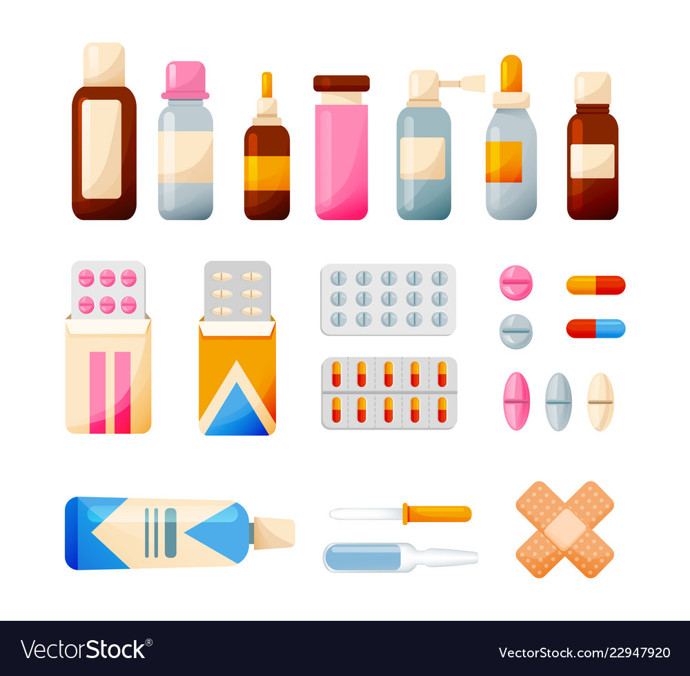 Medical set tablets syrups drops ointments Vector Image