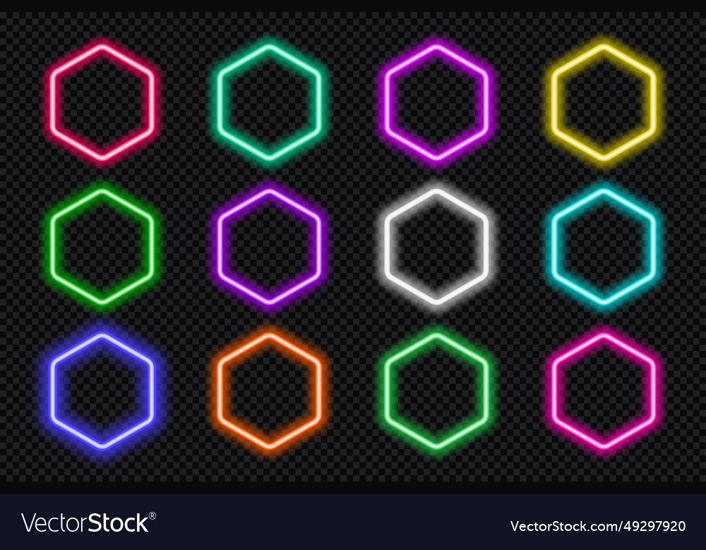 Neon hexagon frame set glowing colorful hexagonal vector image Neon hexagon frame set glowing colorful hexagonal