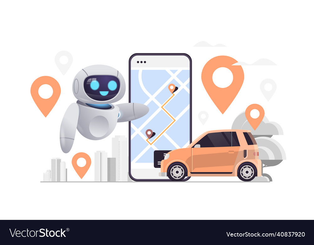 Robot ordering car in mobile application vector image Robot ordering car in mobile application