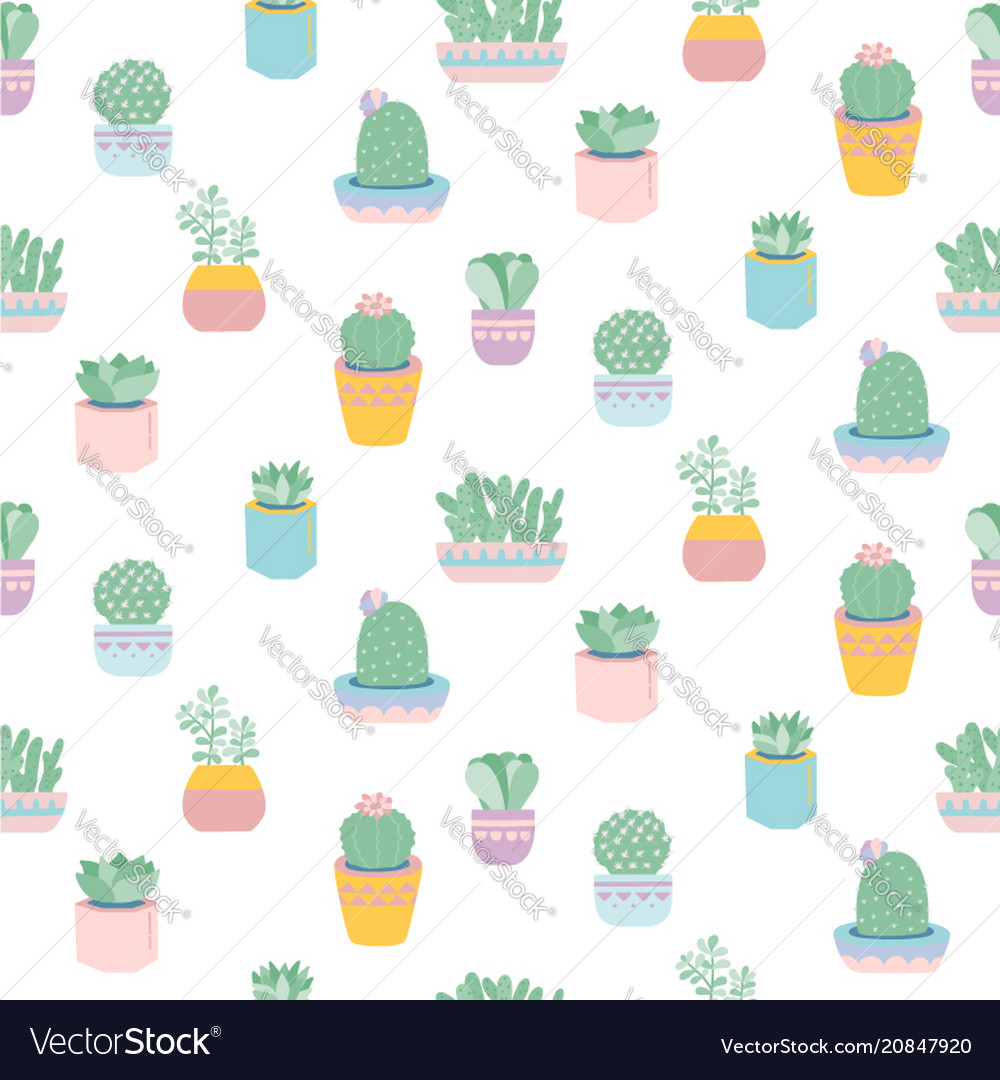 Seamless pattern with cute succulents in pots