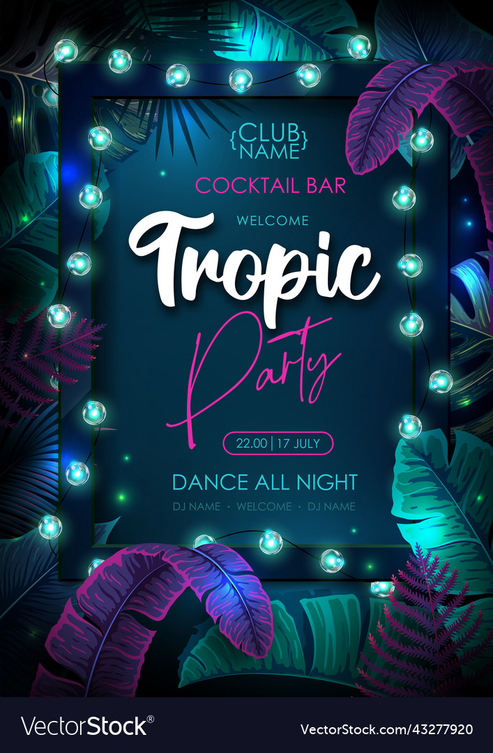 Summer Party Poster With Fluorescent Tropic Leaves