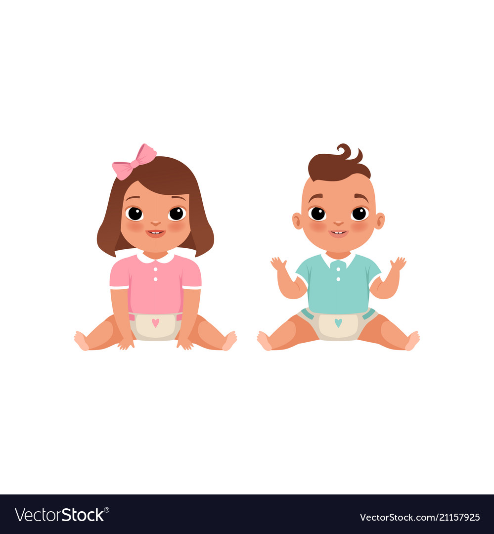 Cute Little Baby Boy And Girl Characters Sitting Vector Image