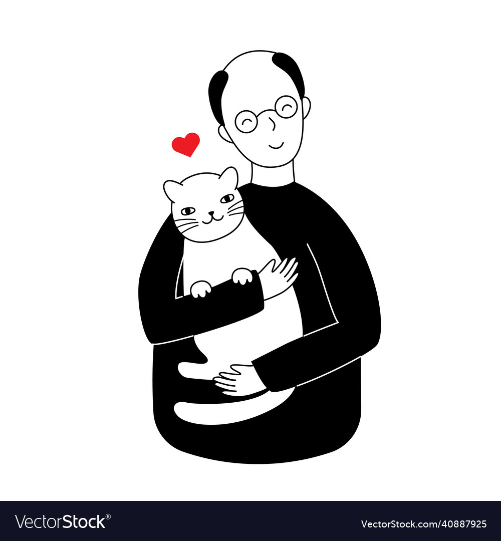 Grandfather hugs a cat