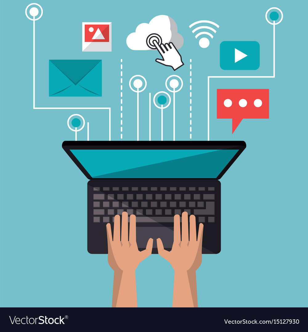 Colorful background of laptop computer in top view