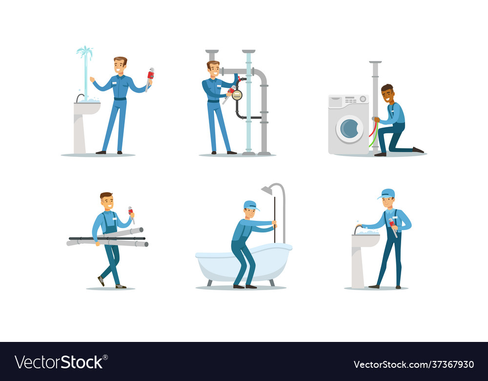 Professional Plumbers Handymen In Blue Uniform Vector Image