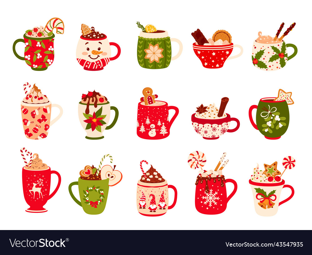 Christmas chocolate mugs and eggnog drink cups Vector Image