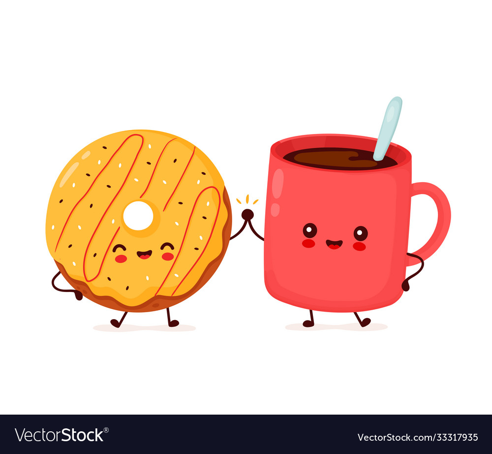 Cute happy donut and coffee mug character Vector Image