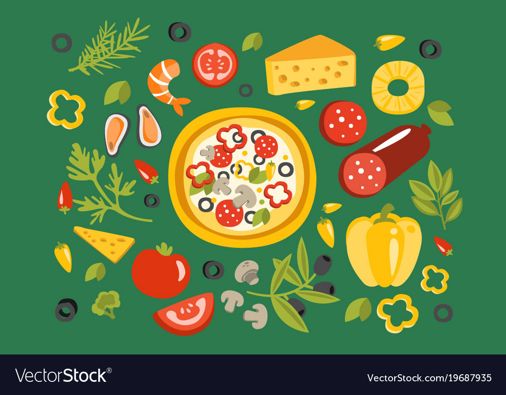 Pizza surrounded with different ingredients Vector Image