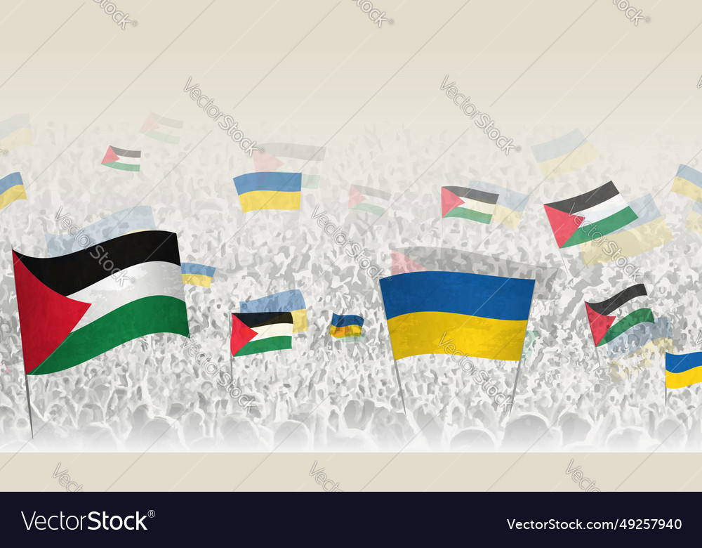 Palestine and ukraine flags in a crowd