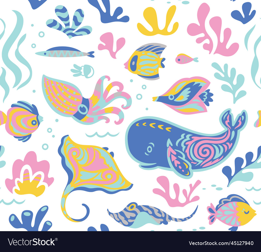 Seamless pattern with cute underwater life vector image Seamless pattern with cute underwater life