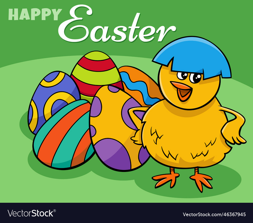 Cartoon easter chick with coloered egg greeting Vector Image