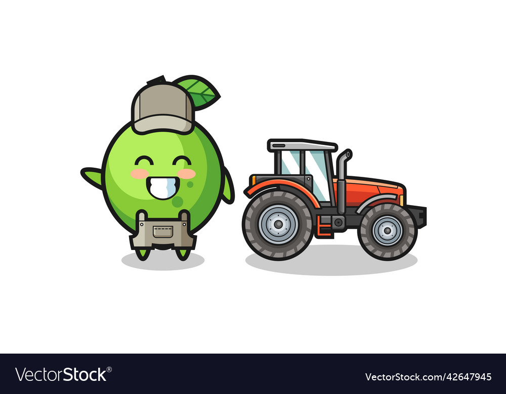 Lime Farmer Maskottchen neben einem Traktor stehen
