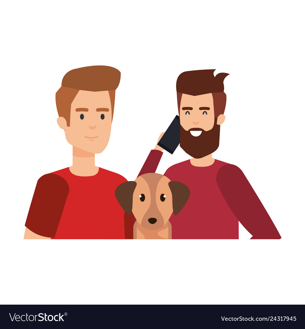 Young and casual couple men with dog