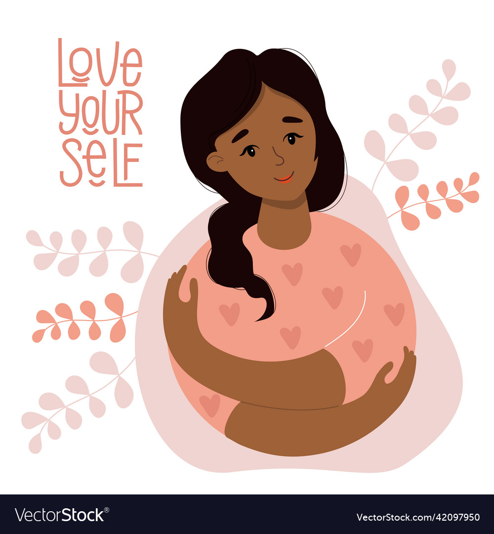 Card love yourself beautiful ethnic woman hugging