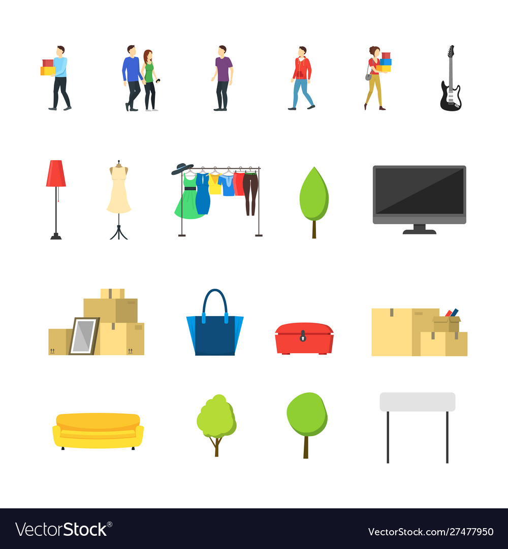 Cartoon garage sale concept icon set vector image Cartoon garage sale concept icon set