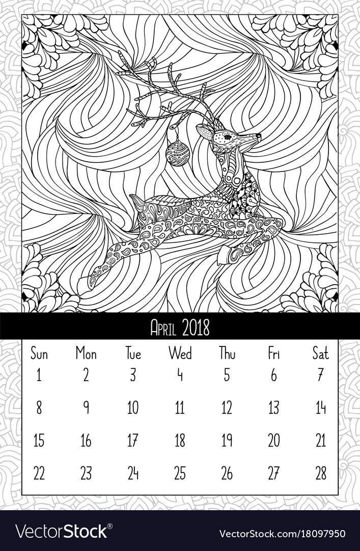 Christmas deer handdrawn calendar april 2018 year