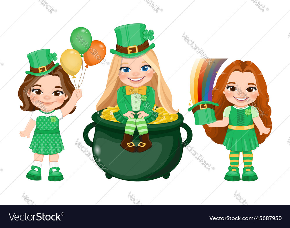 Little funny girls set in irish costumes holding