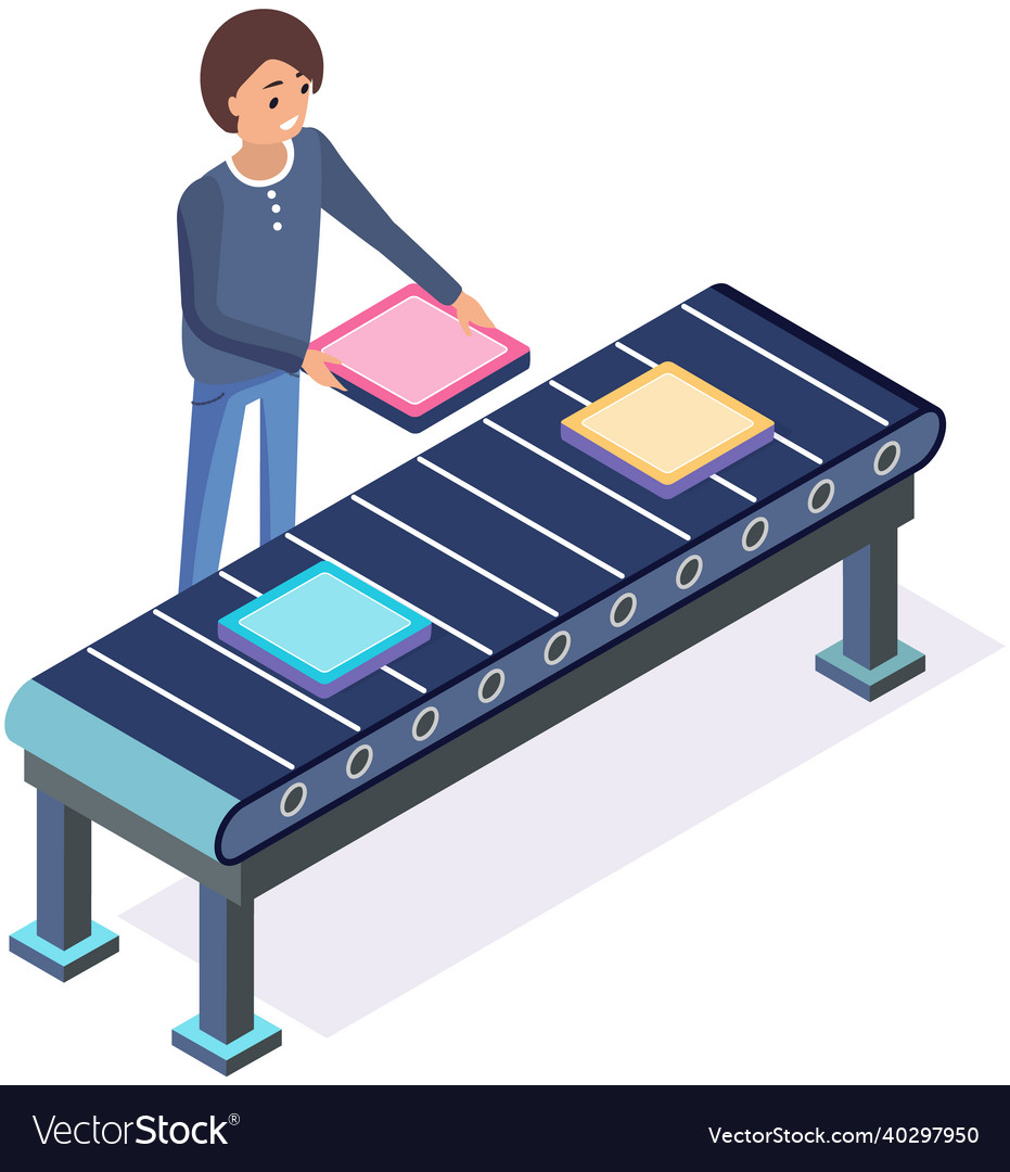 Man checks files passing on tape program conveyor vector image Man checks files passing on tape program conveyor