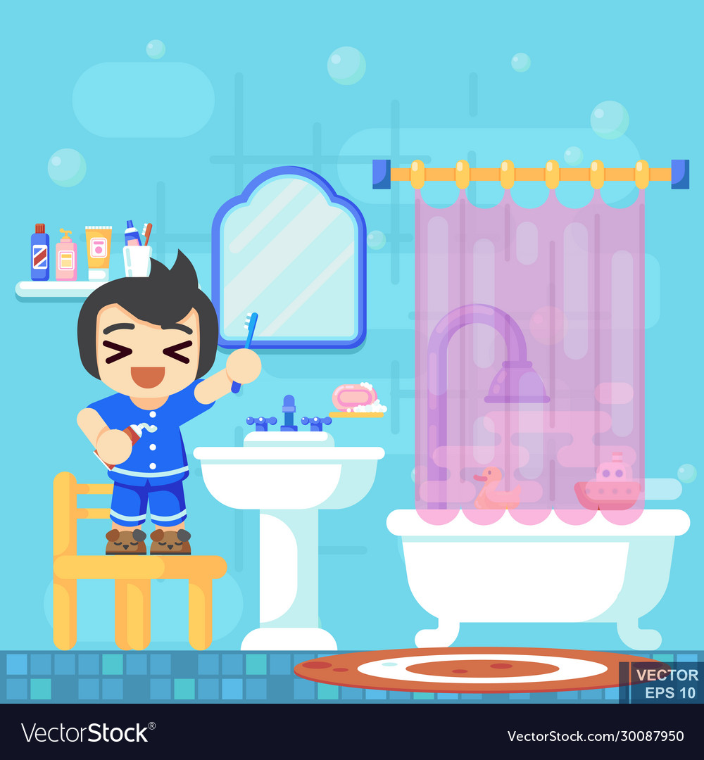 Smile boy brushing teeth shower in bathroom Vector Image