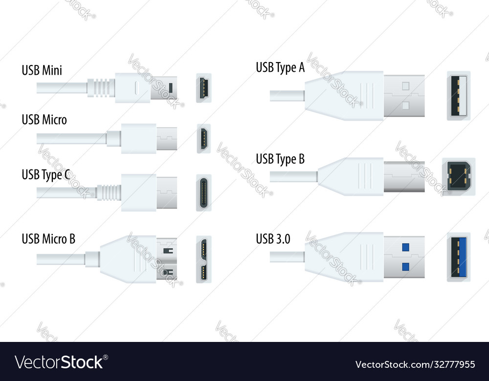 Flat white usb types port plug in cables set Vector Image