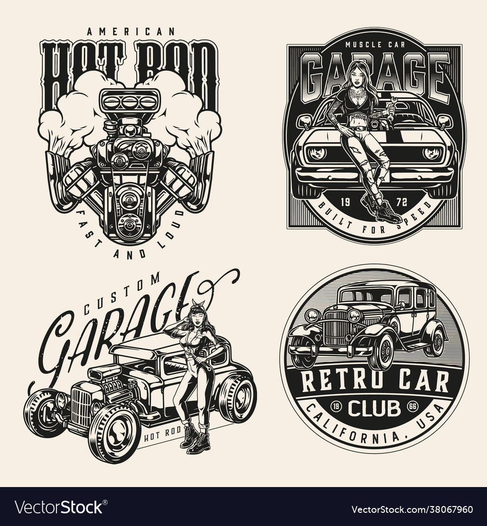 Monochrome vintage custom cars emblems set Vector Image