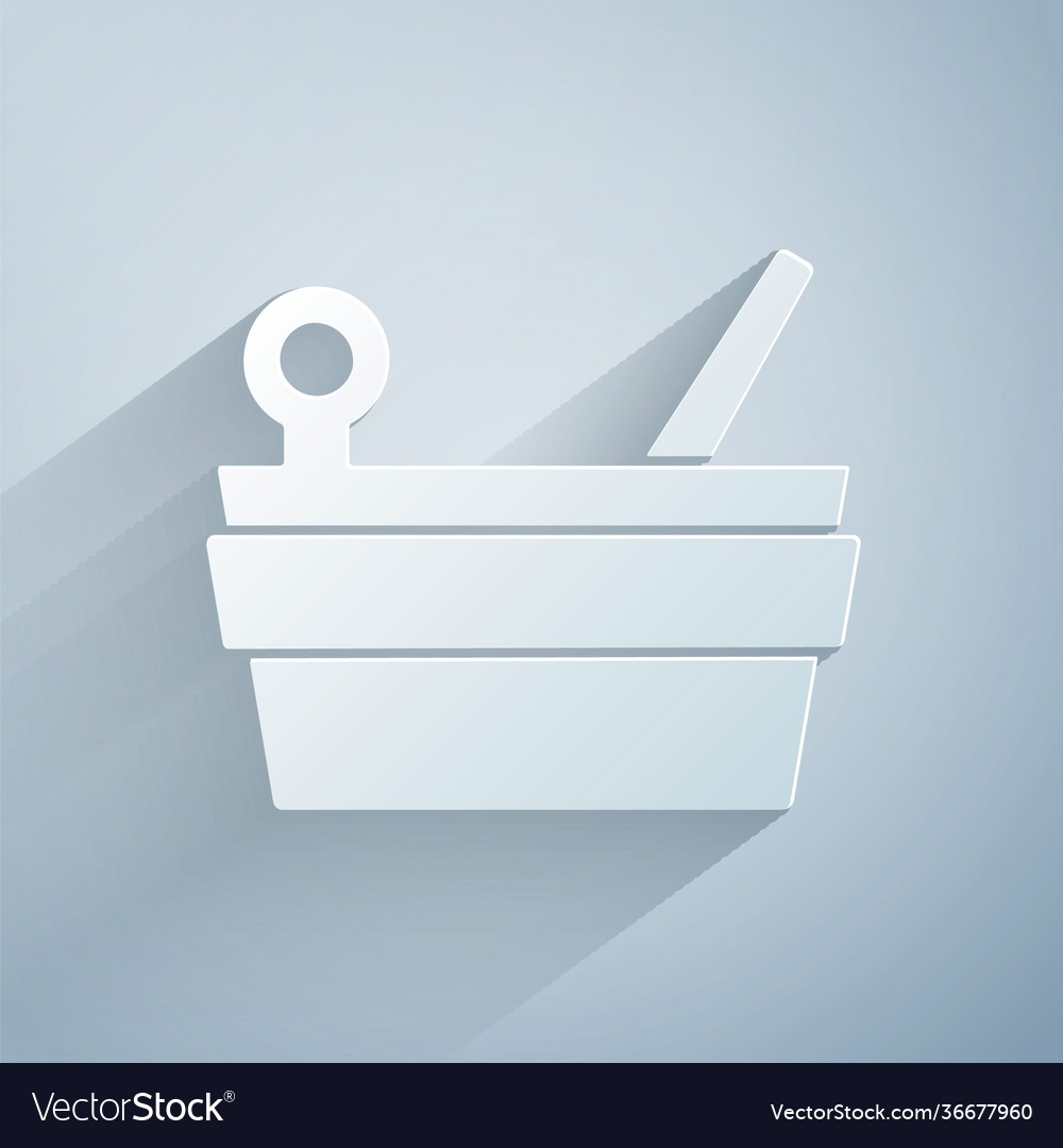 Paper cut sauna bucket and ladle icon isolated