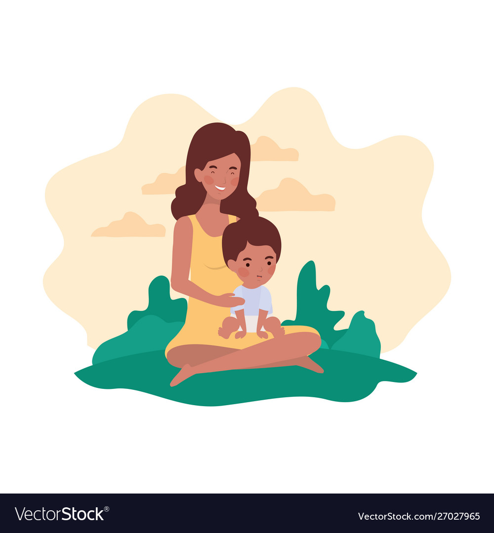 Afro pregnancy mother seated lifting little baby Vector Image