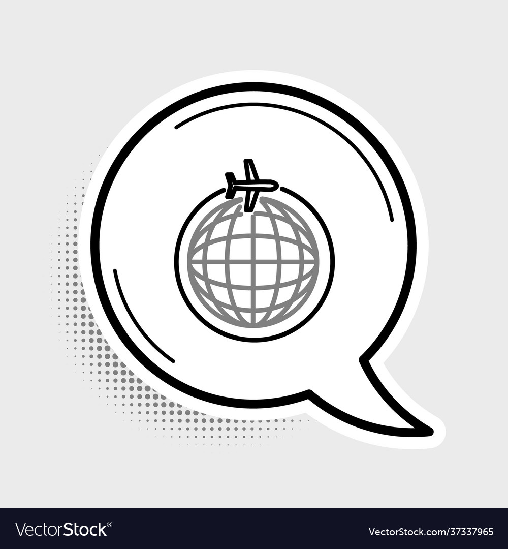 Line globe with flying plane icon isolated on grey