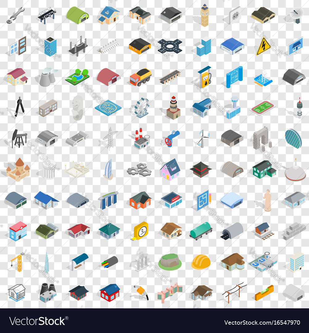 100 architecture icons set isometric 3d style Vector Image