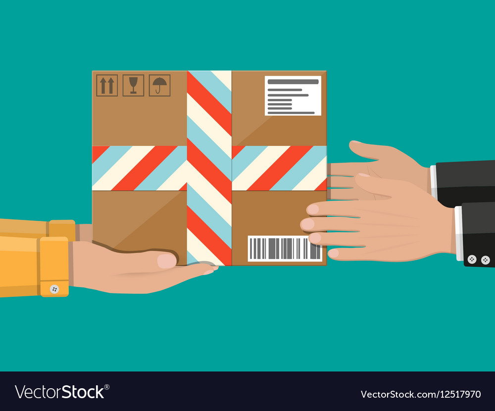 Hands with postal cardboard box delivery concept