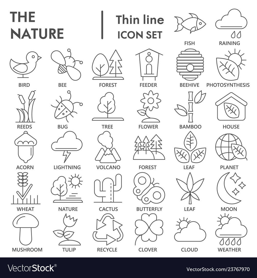 Nature thin line signed icon set environment