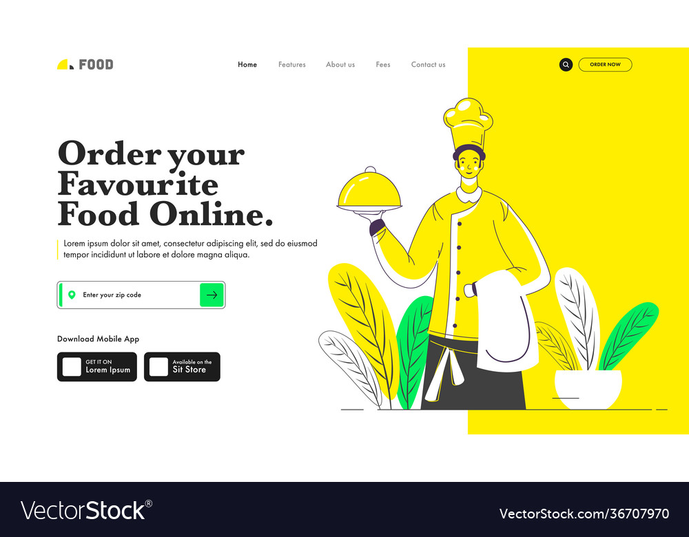 Responsive landing page design with chef holding vector image Responsive landing page design with chef holding