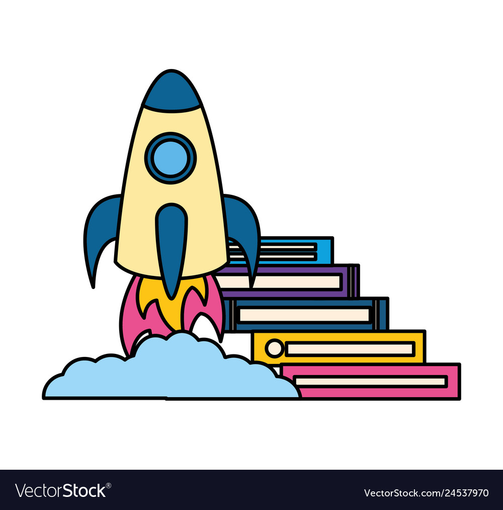 Stack of books with rocket isolated icon