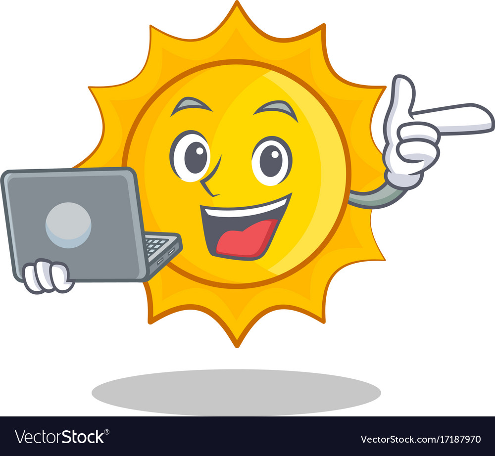 With laptop cute sun character cartoon