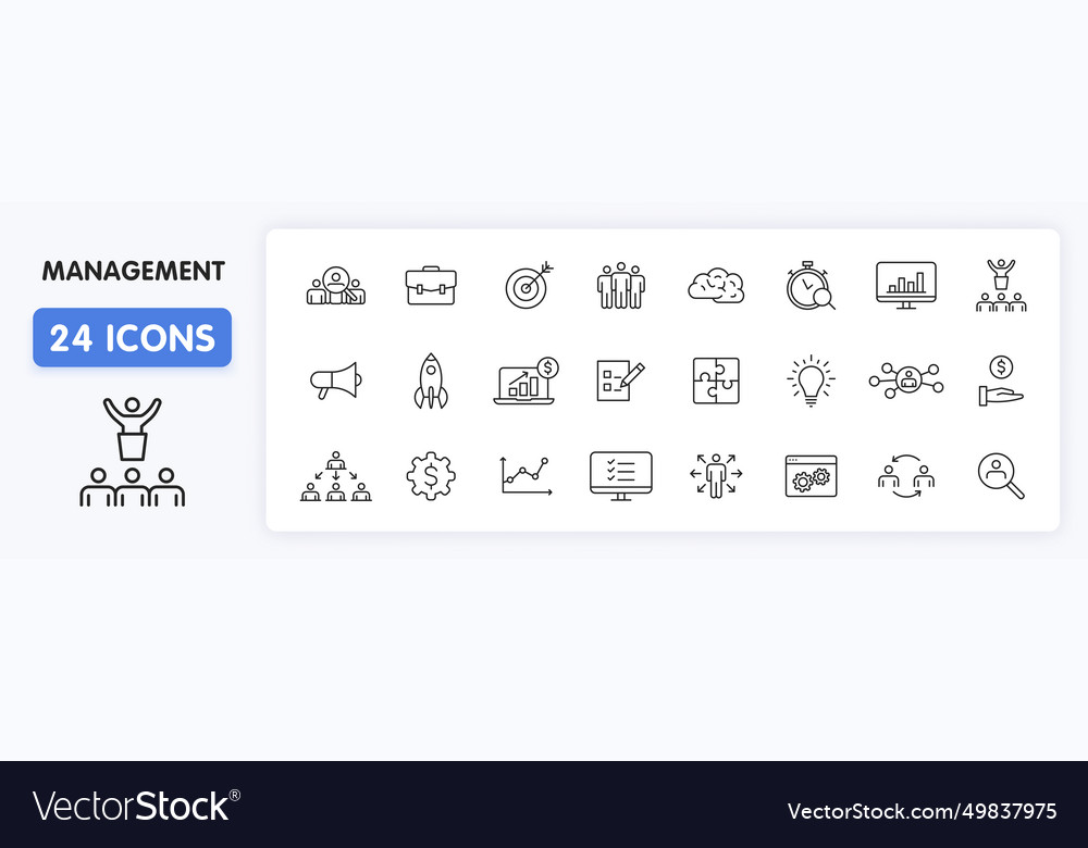 Set of 24 management web icons in line style vector image Set of 24 management web icons in line style