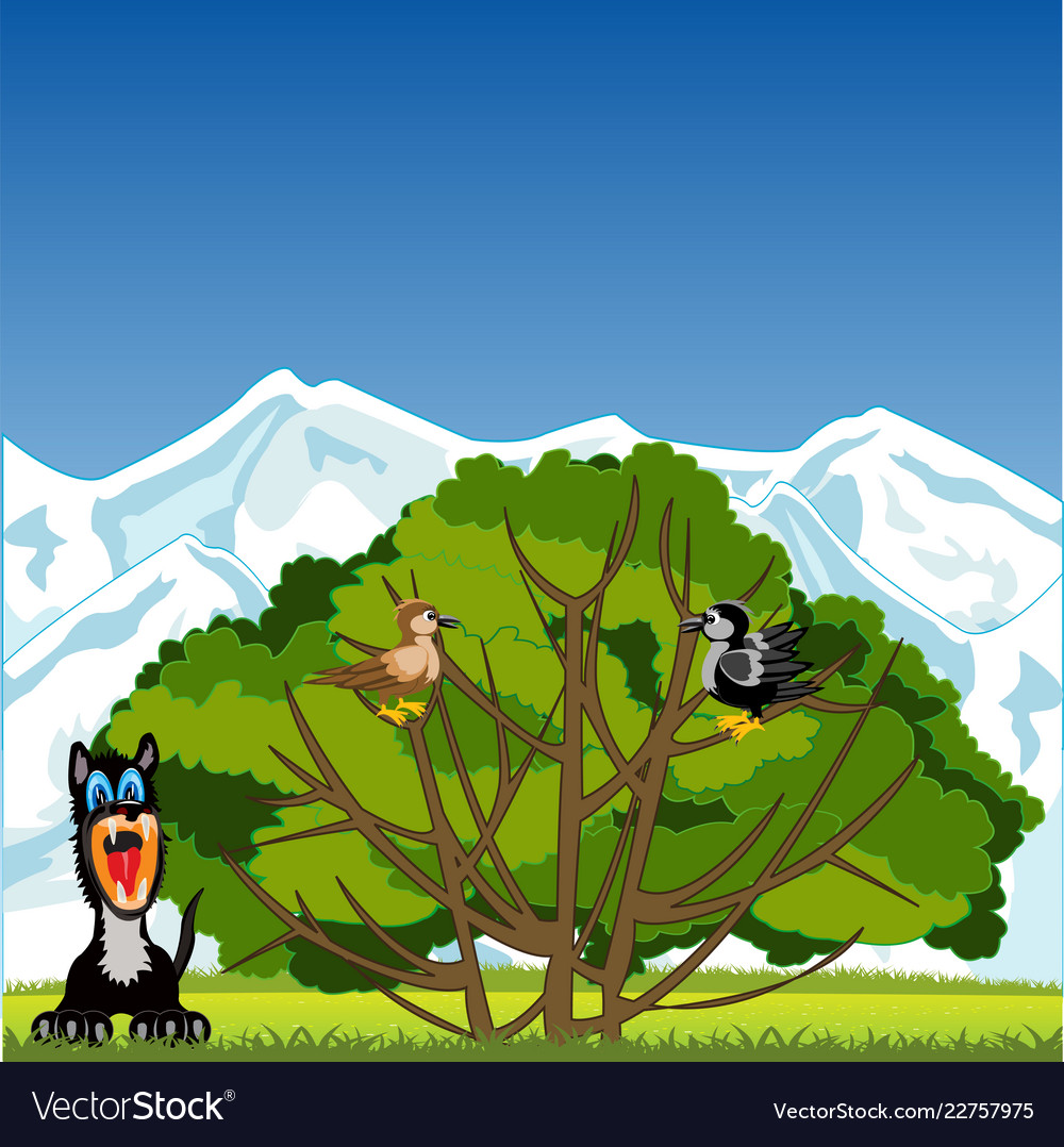 Tree with bird and animals on glade