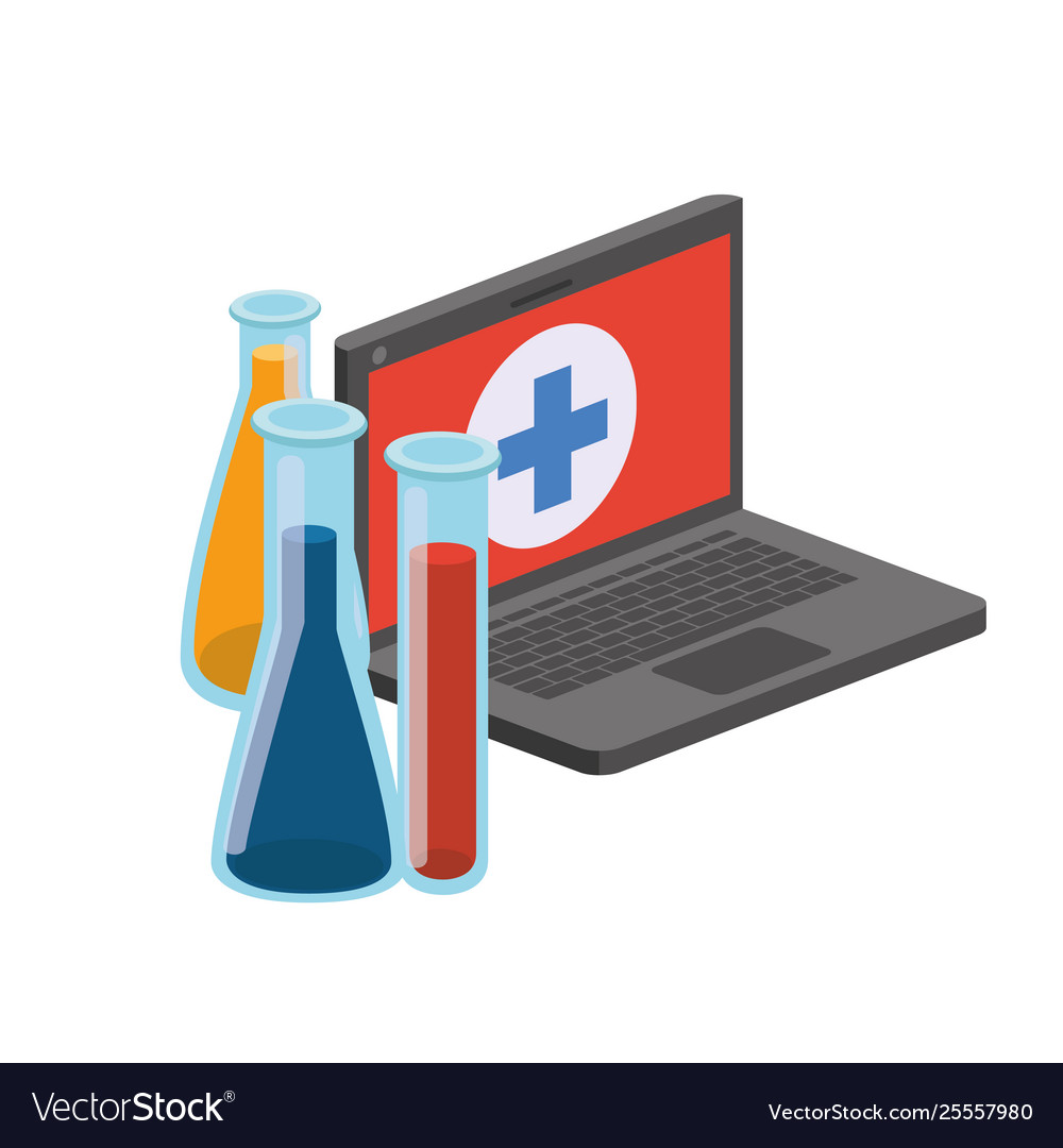 Laptop and laboratory instruments isolated icon
