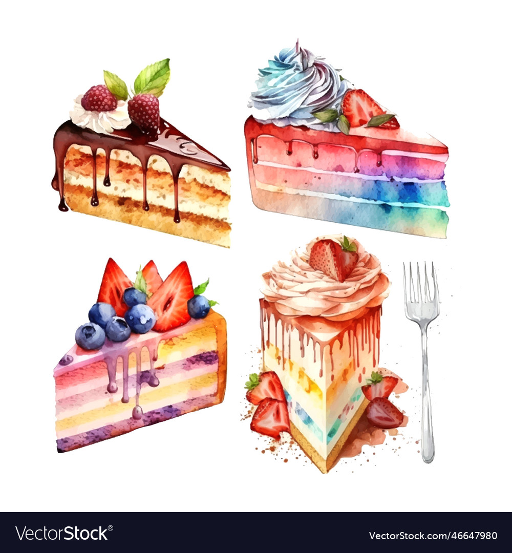 Set watercolor cake piece of cake it can be used Vector Image