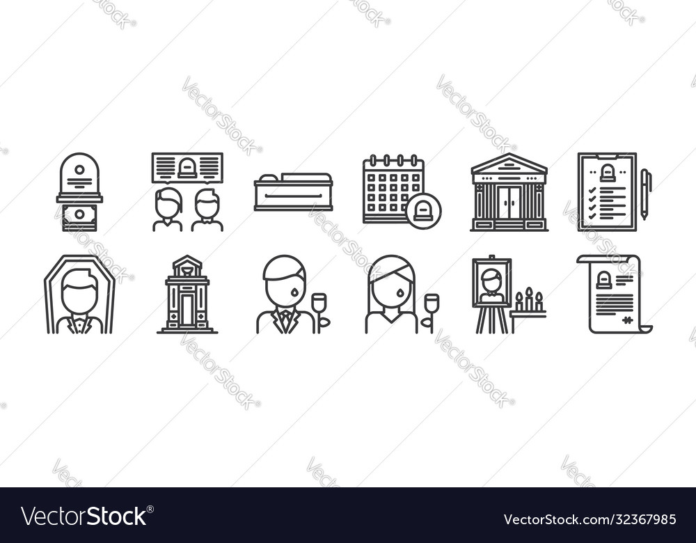 12 set linear funeral icons thin outline