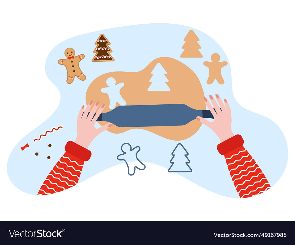 Weihnachten Kekse eine Frau rollt aus Teig vector image Weihnachten Kekse eine Frau rollt aus Teig