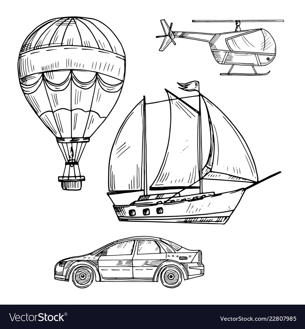 Doodle style drawing land air and sea transport Vector Image