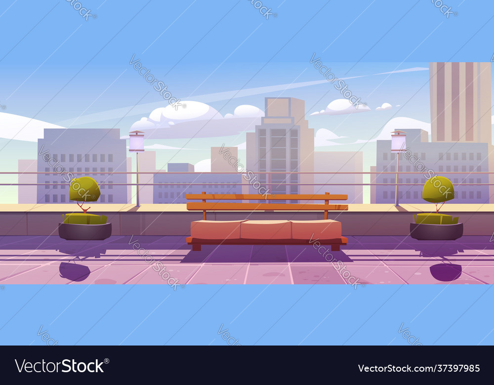 Rooftop terrace with bench on city view background