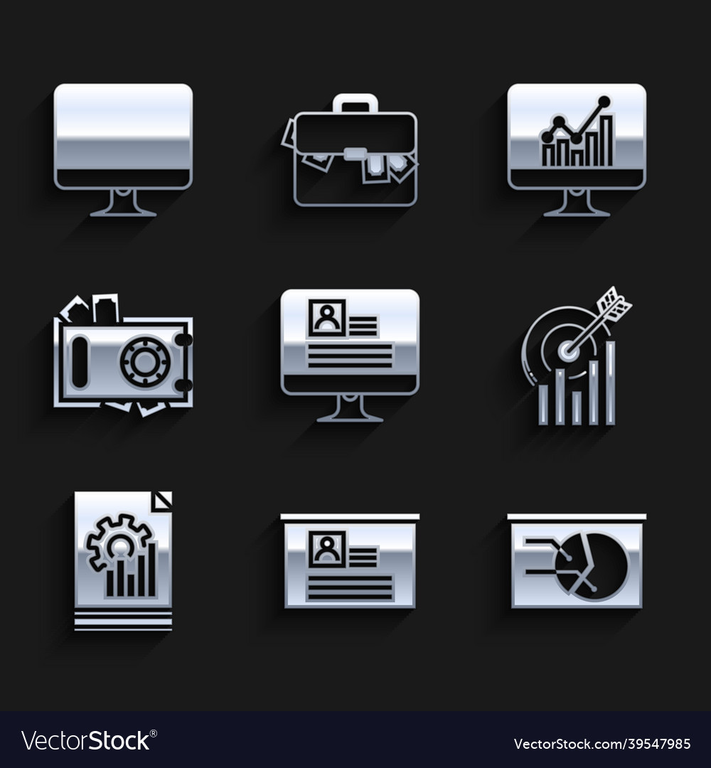 Set computer monitor with resume board graph vector image Set computer monitor with resume board graph