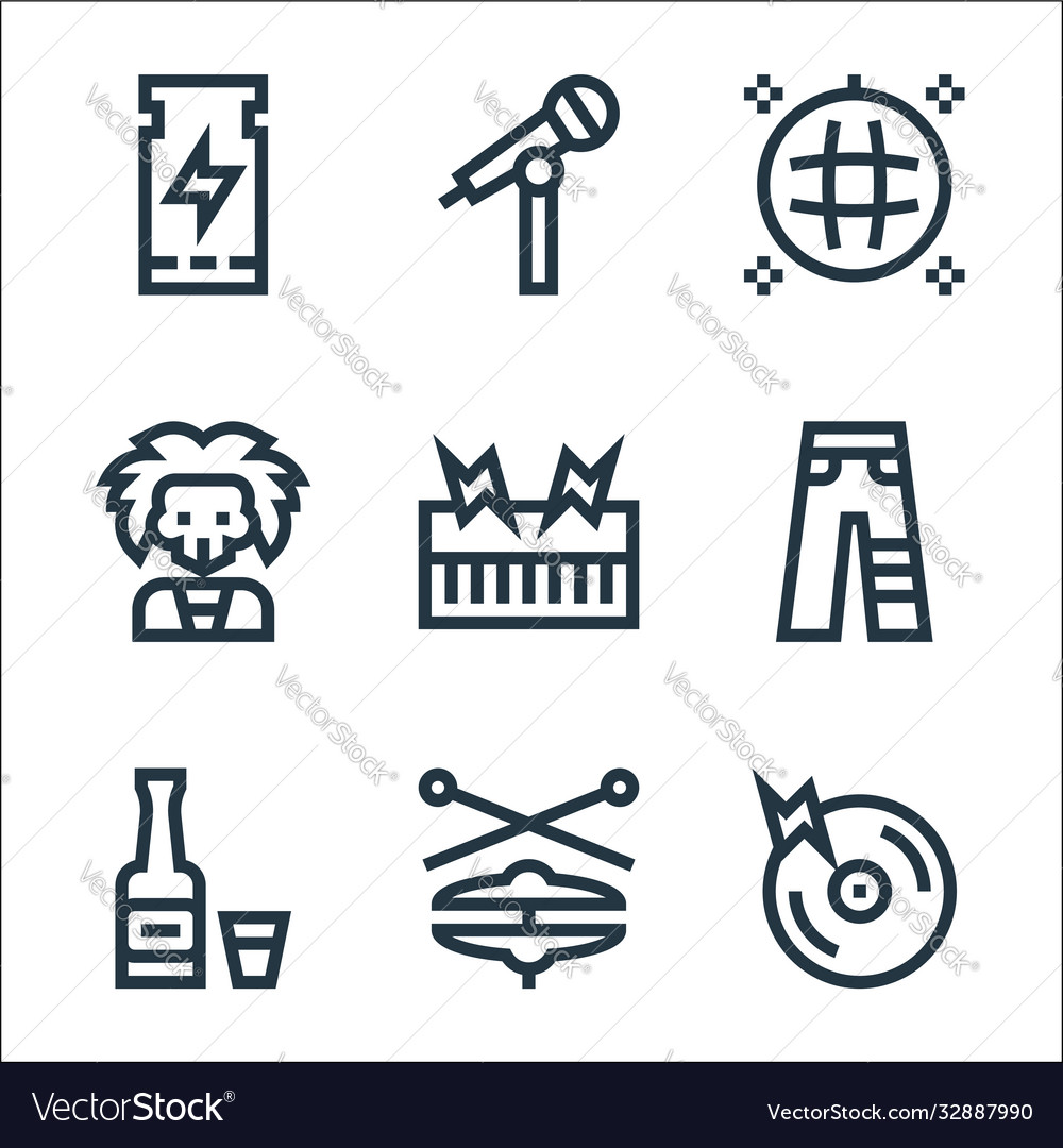 Rock and roll line icons linear set quality vector image Rock and roll line icons linear set quality