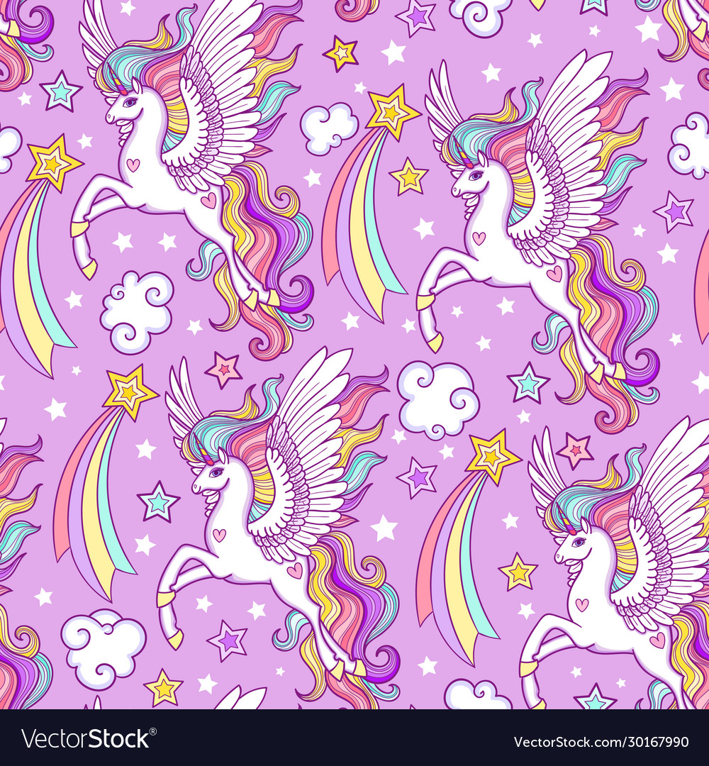 Seamless pattern with white unicorns stars