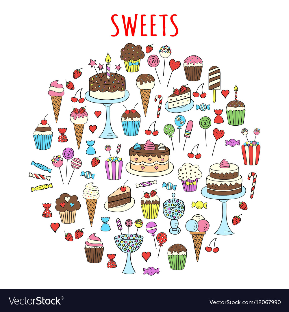 Sweets set icons hand drawn doodle Royalty Free Vector Image